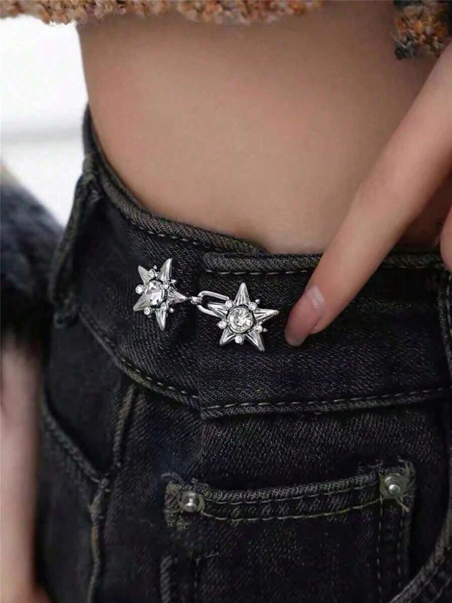 2 Sets Metal Five-Pointed Star Shaped Belt Buckles, Waist Size Adjustment Buckles, Jeans Belt Buckles, Skirt Hem Drawstring Buckles, Waist Circumference Adjustment Device, Safety Pin Invisible Seamless, Suitable For Daily Use Multi-Functional Snowflake Style - Silver - View 1
