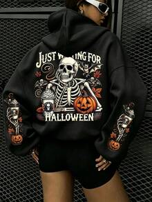 Halloween Skeleton Funny Letter Print Pattern Sweatshirt, Plus Size Women's Casual Autumn/Winter Long Sleeve Pocket Hooded Sweatshirt Black - Black - View 1