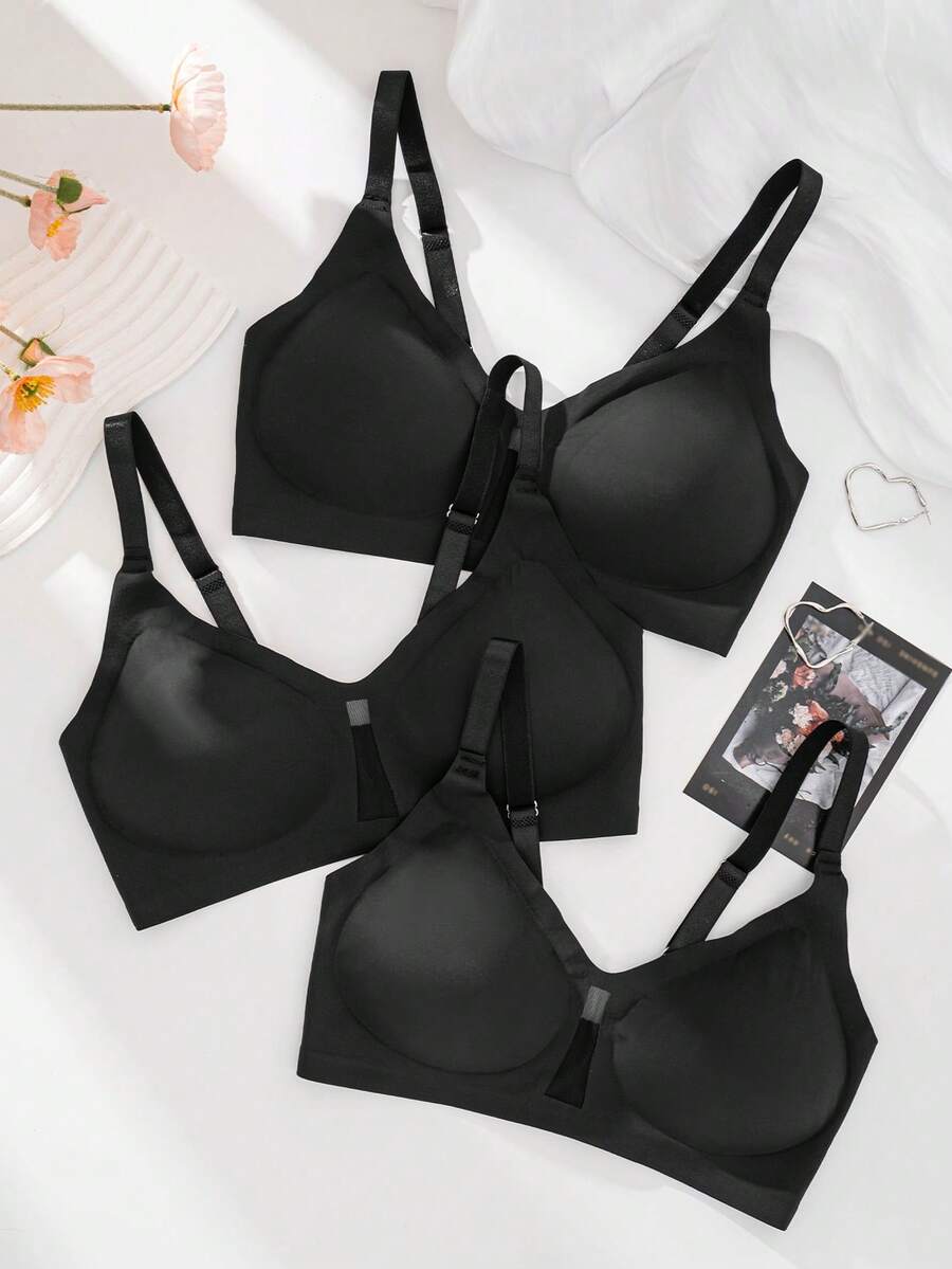 3pcs/Set Women's Wireless Mesh Patchwork Comfortable Seamless Bra - Black - View 1