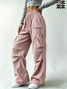 mulinsen Women's Drawstring Waist Cargo Pants, Casual Wide Leg Multi-Pocket Parachute Pants, Loose Street Style Tapered Leg Long Pants - Pink - View 4