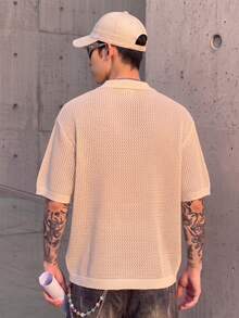 BLACKTOEXIT Men's Knitted Cardigan Polo Collar Short Sleeve Loose Fit American Vintage Style Knit Top Spring Summer Outerwear Sweater - Apricot - View 3