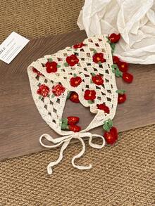 1pc Cute Country Style Women's Square Scarf, Beige Knitted Floral Hollow Lace-Up Triangle Headscarf, Hair Accessory Headband, Warm Headscarf, Suitable For Summer Outfit, Vacation Party Holiday Headscarf - Multicolor - View 12