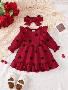 Baby Girl Heart Print Dress And Headband 2 Pieces Set, Spring/Autumn Dress - Burgundy - View 1