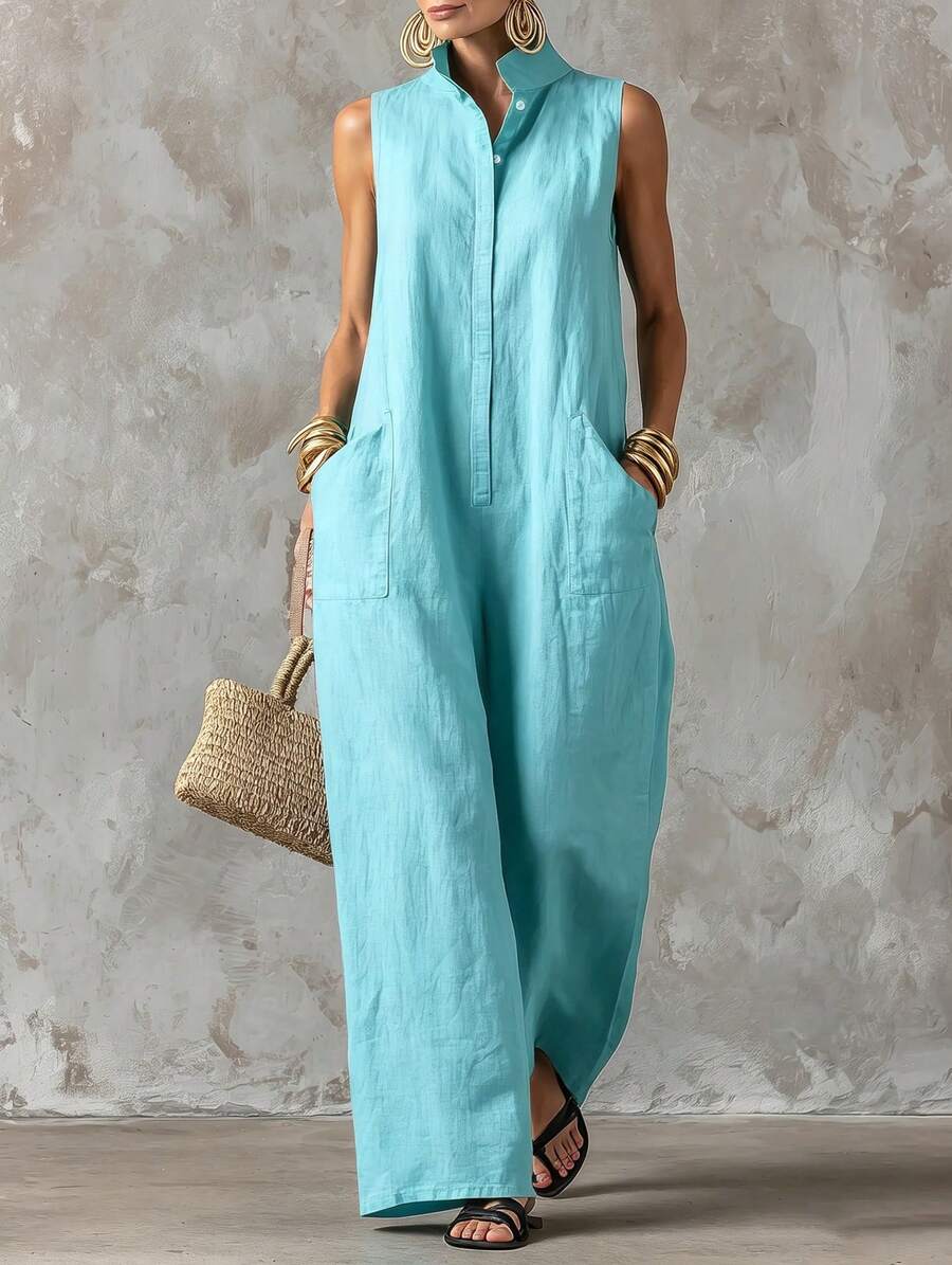 Women's Sleeveless Collared Button Front Top And Wide Leg Pants Two Piece Set Casual Linen Blend Outfit Collection - 薄荷藍 - 查看 1