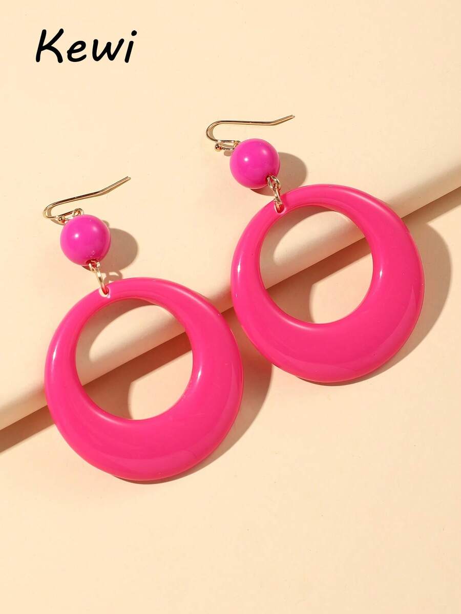 Pendientes largos con diseño cuenta & de círculo - Rosa Fucsia - Ver 1