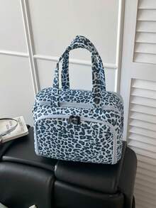 Leopard Print Large Capacity Makeup Bag, Multi-Compartment Brush Storage Bag, Portable Travel Cosmetic Storage Handbag - Blue - View 4