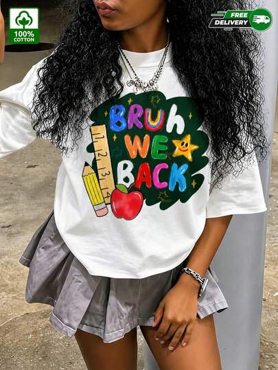 Youth Bruh We Back Chalkboard Pencil Apple Graphic 100% Cotton Short Sleeve T-Shirt, Retro Colorful Letter Casual Street Tee For Spring Summer