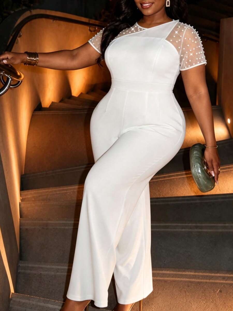 AOMEI Elegant Noble Luxury Plus Size Women White Fitted Jumpsuit Pearl Mesh Round Neck Short Sleeve High Waist Wide Leg Jumpsuit Elegant Party Graduation Wedding Guest Outfit