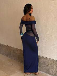 Women's Summer Navy Blue Valentine Dress, Off-Shoulder Mesh Sheer Ruched Maxi Dress, Elegant For Formal Parties, Dates & Beach Wedding Party Fall - Navy Blue - View 6
