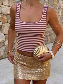 Women Fall Pink Brown Stripe Tank Top,Square Neck Slim Crop Camisole For Back To School Daily Going Out - Pink - View 11