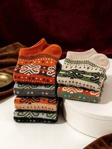 5 pares de calcetines bajos de estilo Fair Isle vintage surtidos, unisex, transpirables y antideslizantes, versátiles para uso diario, desplazamientos y hogar, otoño/invierno, tipo náuticos - Multicolor - Ver 4
