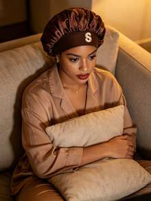 1pc Unisex Customized A-Z Letter Satin Sleep Cap, Soft Comfortable Wide Brim Elastic Silk Sleep Cap, Suitable For Daily Wear - Coffee Brown - View 3