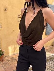 Glamful Solid Color Daily Date Party Beach Backless Draped Metal Collar Sexy Sleeveless Halter Top, Summer Holiday Outfits, Vacation Outfits For Women - Brown - View 4