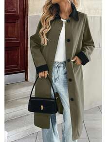 Women's Autumn New Contrast Black Trim Collar Pocket Trench Coat, Loose Fit, Relaxed Style, Flattering Mid-Length Versatile Jacket - Olive Green - View 4