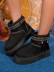 1 Pair Women's Winter Embroidered Tassel Short Snow Boots, Thick Sole Height-Increasing Thermal-Lined Anti-Cold Anti-Slip Retro Boots - Black - View 1