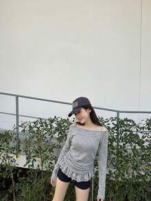 YCYC Korean Style Women's Design Lace Patchwork Camisole + Drawstring Long Sleeve Top 2-Piece Set - Grey - View 4