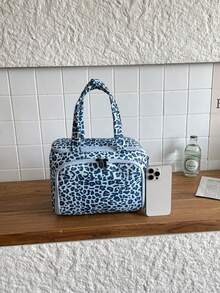 Leopard Print Large Capacity Makeup Bag, Multi-Compartment Brush Storage Bag, Portable Travel Cosmetic Storage Handbag - Blue - View 5