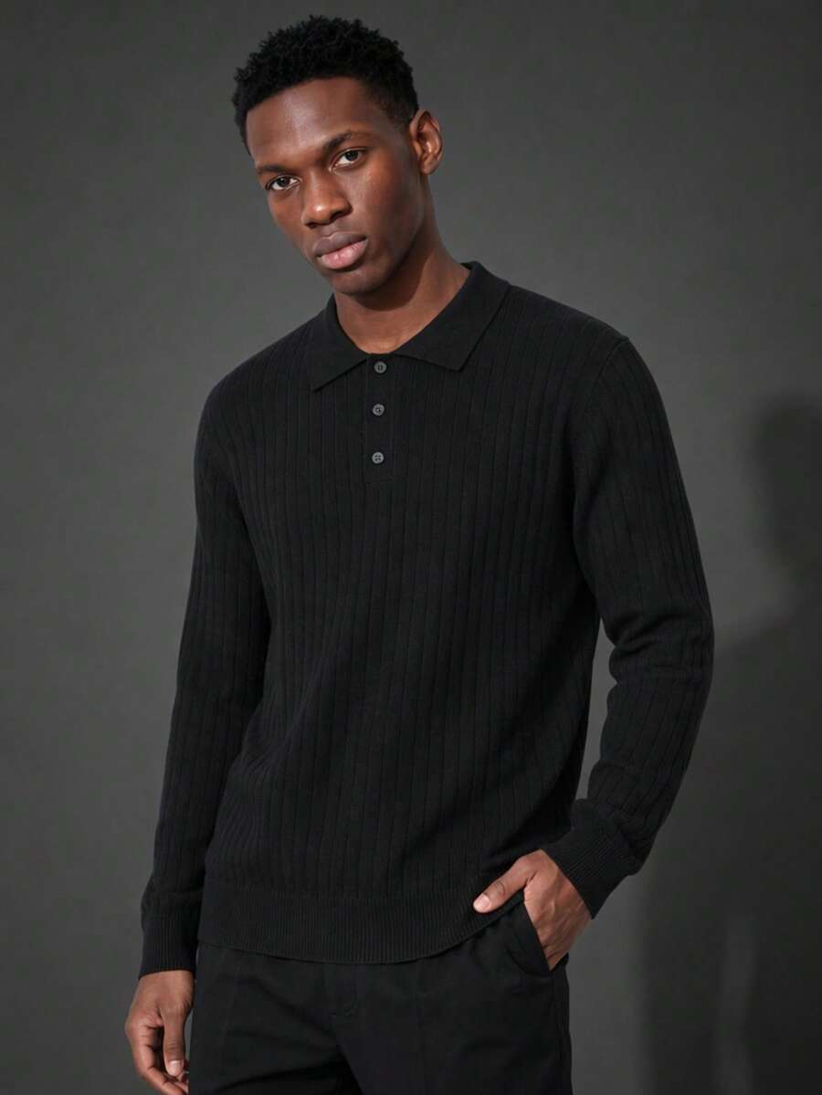 Camvyn Men's Spring/Autumn Striped Button-Up Slim Fit Regular Shoulder Long Sleeve Polo Shirt - Black - View 1