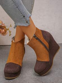 1 Pair Women's Autumn/Winter New Colorblock Patchwork Wedge Ankle Boots, Thick Waterproof Platform Side Zipper Retro Slimming Height-Increasing Bare Boots - Yellow - View 5