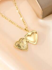 1pc 14K Gold Plated Copper Heart-Shaped Openable Pendant Necklace, Embossed Sacred Heart Pendant With Classic Figaro Chain, Suitable For Christmas/Thanksgiving/Halloween/Mother's Day/Valentine's Day Couples/Friends/Fellow Believers Gift, Catholic First Communion, Gift, Daily And Holiday Wear Prayer - Yellow Gold - View 7