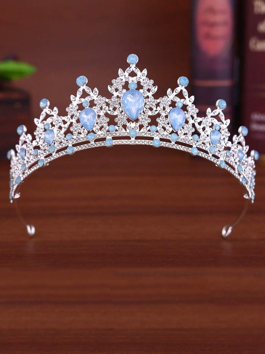 1pc Baroque European Style Bride Blue & White Rhinestone Crown, Silver Tiara Headpiece For Ball, Party, Birthday, Wedding - Baby Blue - View 1