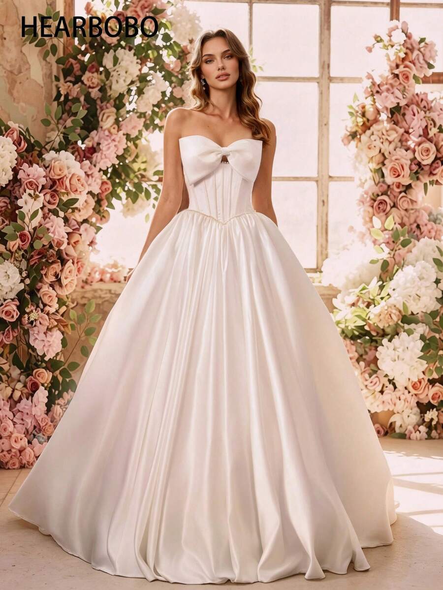 HEARBOBO Vintage Bohemian Strapless Beaded A-Line Wedding Gown, Woven Fabric Bridal Dress