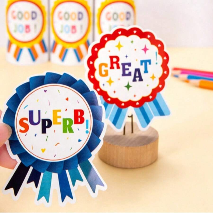 100pcs Scalloped Edge Award Stickers, Large Capacity Roll, Kindergarten Classroom Praise Stickers - Multiple Styles - View 1