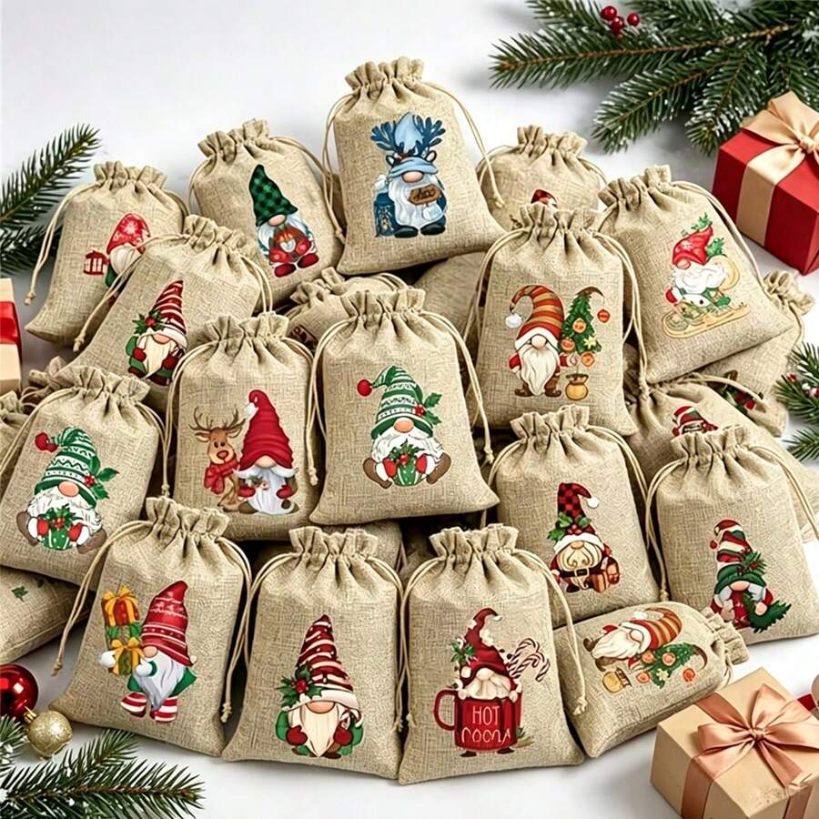 1/6/12pcs,Pack Christmas Gift Wrapping Bags With Drawstring Closure, Suitable For Small Trinkets, Apples, Candies, Chocolates, Party Favors For &, Gift For Holiday Parties - A - View 1