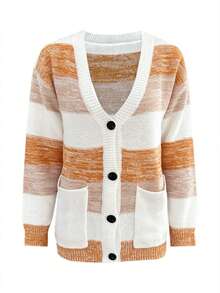 Women's Colorblock Wide Stripe Knit Cardigan, V-Neck Drop Shoulder Long Sleeve Single-Breasted With Pockets, Casual Relaxed Daily Vacation Outfit For Autumn - Multicolor - View 3