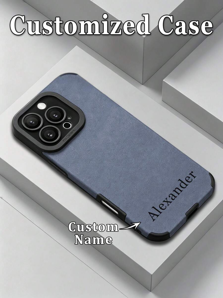 1件 DIY 定製姓名藍色麂皮紋理手機殼,適用於 Apple 18ProMax/17ProMax/16Pro/15/14Plus/13Pro/12ProMax/11/XsMax 及手機配件,男士商務極簡全包防摔人造皮革保護殼 - 藍色 - 查看 1