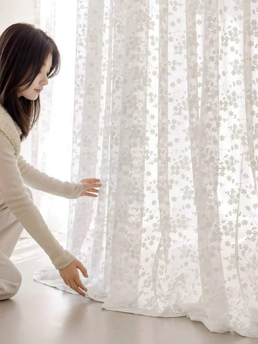1片裝羅桿口袋式懸掛法式浪漫3D刺繡薄紗窗簾 - 白色 - 查看 1