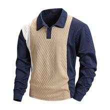 Top Polo Masculina de Manga Longa com Tecido Jacquard Texturizado em Losango 3D e Patchwork em Cores Contrastantes para Primavera/Outono - Azul - Visão 3
