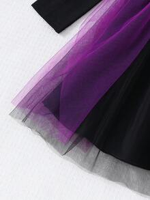 Gaun Lengan Panjang Motif Jaring Laba-laba Halloween & Blok Warna Jala - Purple - View 6