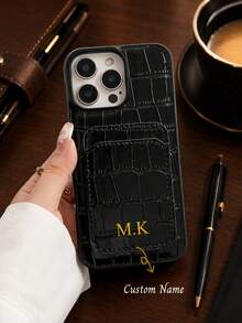 1pc Personalized Pocket Faux Crocodile Texture Faux Leather Phone Case, Letter Print Phone Case With Card Slot, Back To School Supplies, Back To School Season Must-Haves, Shell Material, Suitable For Primary And Secondary School Students, College Students, Teenagers, Teacher Gifts, Middle School Students, College Freshmen, Etc. - Black - View 1
