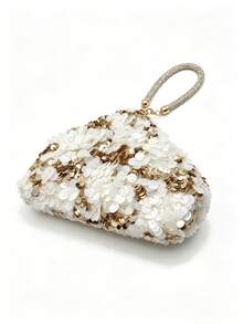 Tidet Ever Luxury Sparkling White Gold 3D Sequin Triangle Clutch Bag With Rhinestone Handle, Suitable For Wedding Ball Party Night Handbag - Gold - View 6