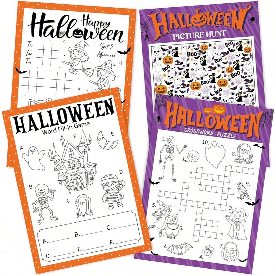 Halloween Party Games, Suitable For Adults, Families, Office Large Groups, Includes Word Drawing Game, Crossword Puzzle, Word Search, Tic-Tac-Toe, Spot The Difference, Picture Counting, Maze, With Answer Page - Two Styles, Double-sided Printing - View 1