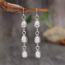 1 Pair Bohemian Vintage Teardrop Shaped Synthetic Gemstone Pendant Earrings, Fashionable Wedding Party Jewelry Gift For Women - Silver - View 6