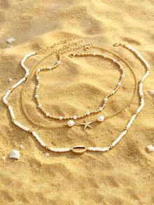 3pcs Fashion Summer Ocean Bohemian Style Beaded Pearl Alloy Starfish Pendant Multi-Layer Necklace, Suitable For Women's Daily Wear And All Seasons, Summer Beach Vacation Travel, Party Gathering, Gift For Friends And Besties - Gold - View 5