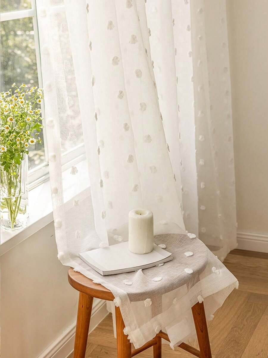 1pc White 3D Polka Dot Pom Pom Transparent Curtain - White - View 1