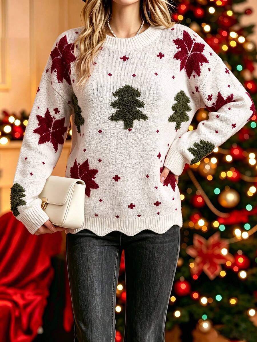 Women's Round Neck Contrast Christmas Tree Snowflake Jacquard Wavy Hem Fall/Winter Loose Fashion Knit Pullover – New Year & Christmas Festive Sweater - White - View 1
