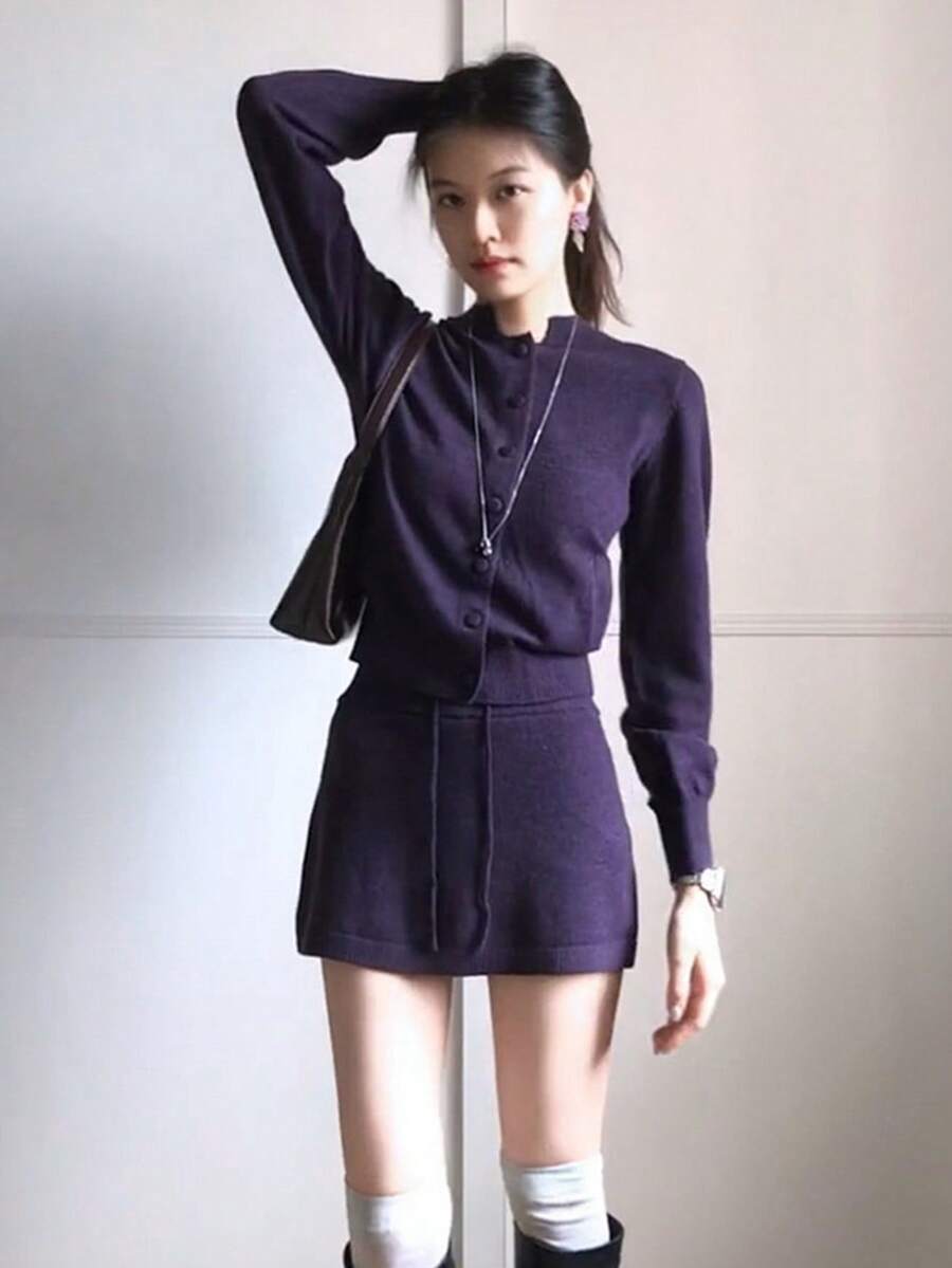 [Y6Y]Autumn Casual Knit Top & Skirt 2 Pieces Set, Button Knit Sweatshirt + A-Line Knit Skirt - Purple - View 1