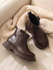 1 Pair 2026 New Side Zipper Thick Sole Kids Boots, Glossy Soft Leather Minimalist Design, Versatile And Durable Style, Suitable For School, Commuting And Autumn/Winter Outfits - Brown - View 4