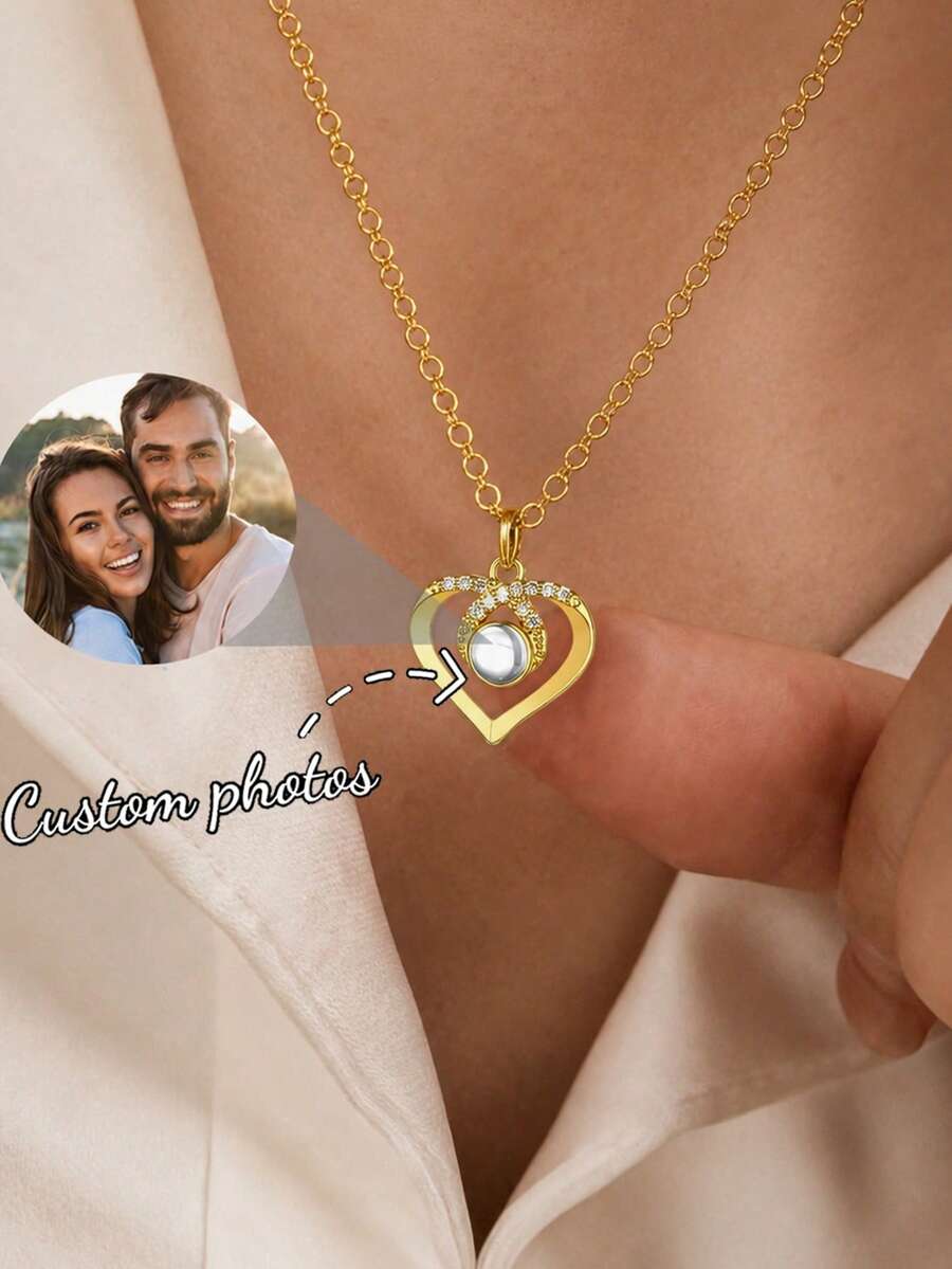 Customized Photo Projection Zirconia Heart Pendant Necklace, Personalized Jewelry Memorial Gift