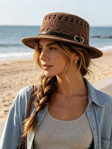 1 pieza Gorro de punto para mujer, fibra de poliéster casual, nuevo unicolor, ligero, delgado, cómodo, a prueba de viento, con diseño calado, elegante, cobertura de la línea del cabello, versátil, transpirable, protección solar, absorción de sudor, adecuado para uso diario al aire libre en verano - MZ3575 - Ver 12