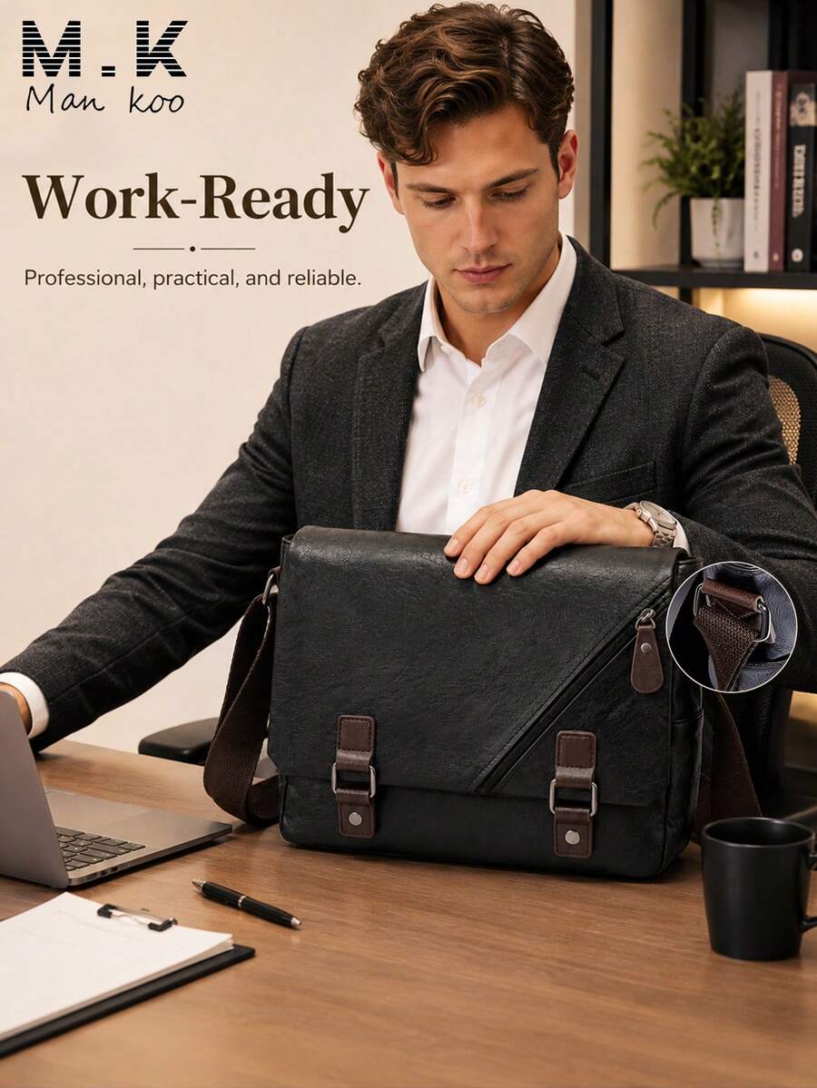 Men's Vintage Business Crossbody Bag, Flap Messenger Bag, Multi-Compartment Large Capacity, Shoulder Bag, PU Leather, Textured, Colorblock Satchel - Black - View 1