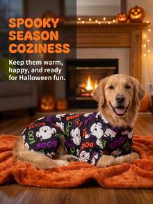1PC Halloween Dog Shedding Hair Control Pajamas - Warm High Stretch Full Coverage Pet Rompers, Anti Licking & Bug Protective Jumpsuit For Small Medium Large Dogs, Halloween All Over Printing Dog Clothes - Cute Halloween Ghost And Letter Pattern - Multicolor - View 3