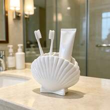 1pc Shell Shaped Plastic Toothbrush Holder, Creative Countertop Bathroom Storage, Toothpaste And Toothbrush Organizer, Beautiful Beach Style Home Decor Bathroom Accessory - Multicolor - View 1