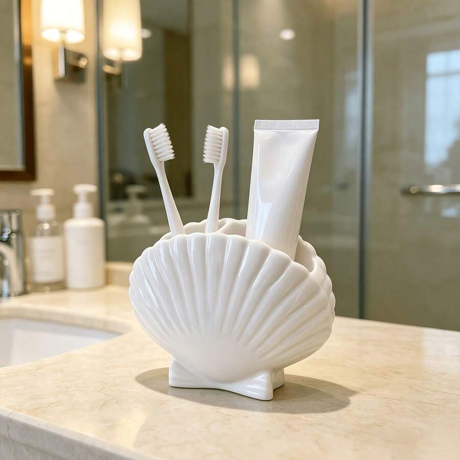 1pc Shell Shaped Plastic Toothbrush Holder, Creative Countertop Bathroom Storage, Toothpaste And Toothbrush Organizer, Beautiful Beach Style Home Decor Bathroom Accessory - Multicolor - View 1