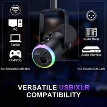 XLR/USB 動圈麥克風套件，附 RGB 播客麥克風、靜音按鈕、增益旋鈕、音量控制、懸臂支架，適用於直播、遊戲、配音、錄音 - 查看 5