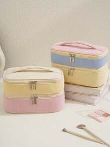 1pc Fashionable Colorblock Valentine's Day Corduroy Double Layer Makeup Bag, Portable Lightweight Durable, Suitable For Travel And Home Use - Multicolor - View 3